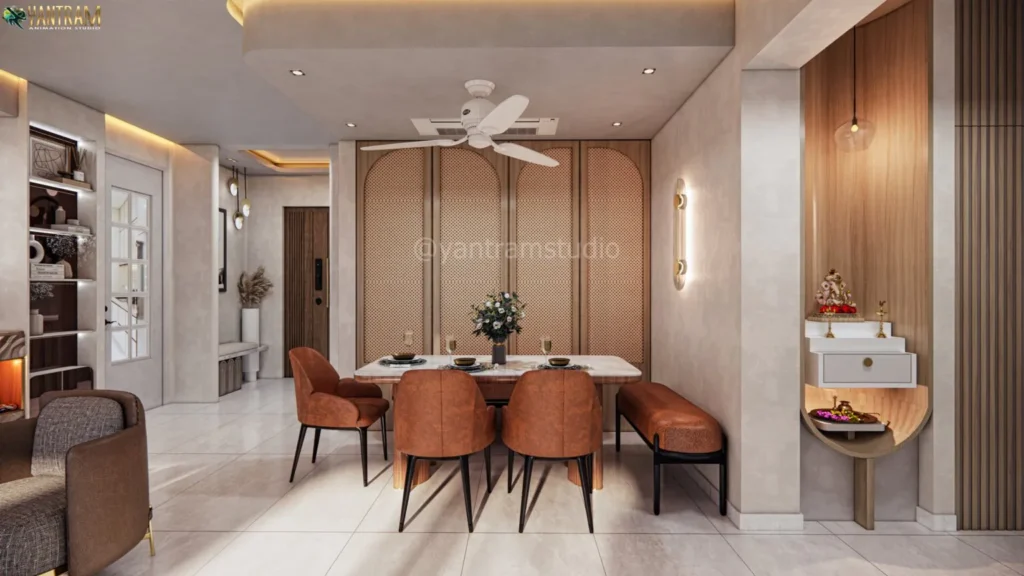 Render 3D del interior de un elegante comedor – Proyecto residencial